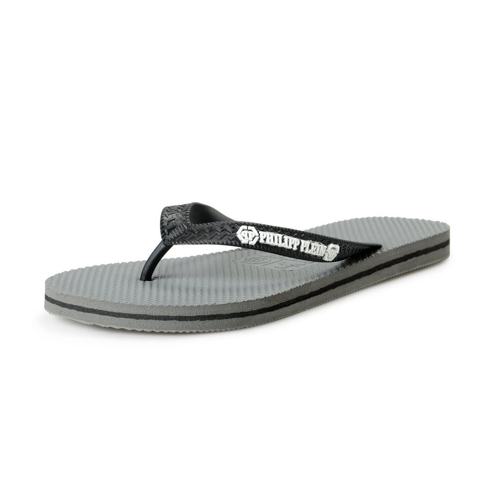 Philipp Plein Men's Gray/Black Rubber Logo Print Flip Flops Shoes